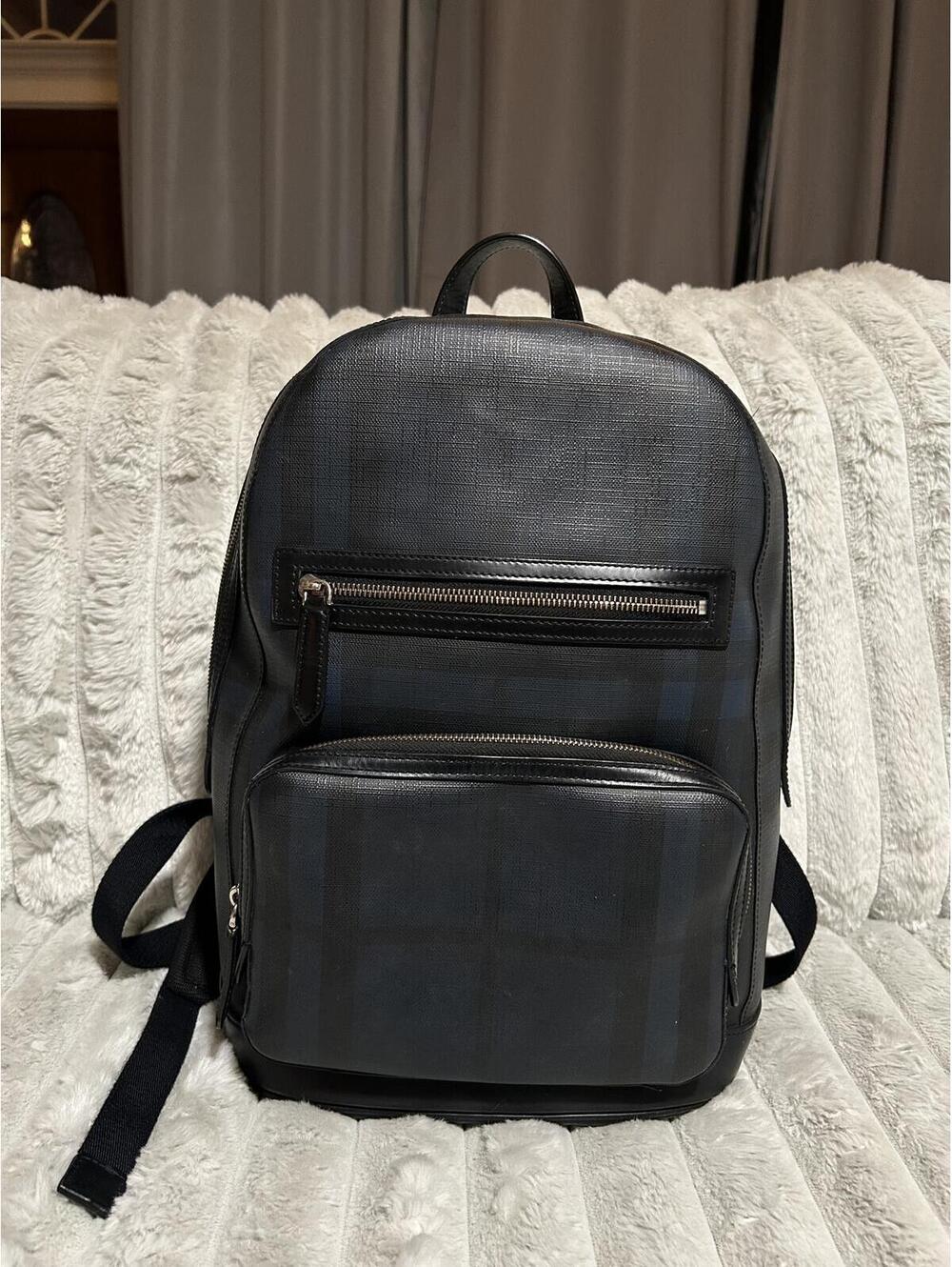 Burberry Canvas Leather Backpack Zip Pocket Navy Blue Plaid